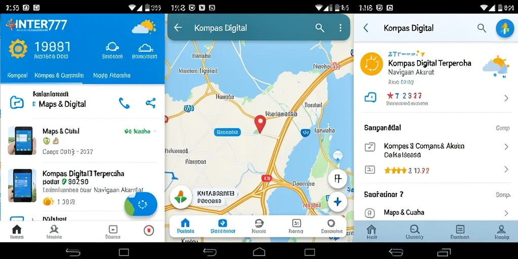 Screenshot aplikasi INTER77 dengan antarmuka kompas digital yang informatif.