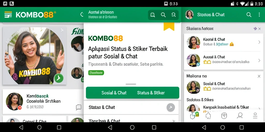 Antarmuka aplikasi KOMBO88 dengan koleksi stiker menarik.