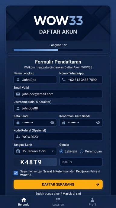 Tampilan halaman daftar wow33